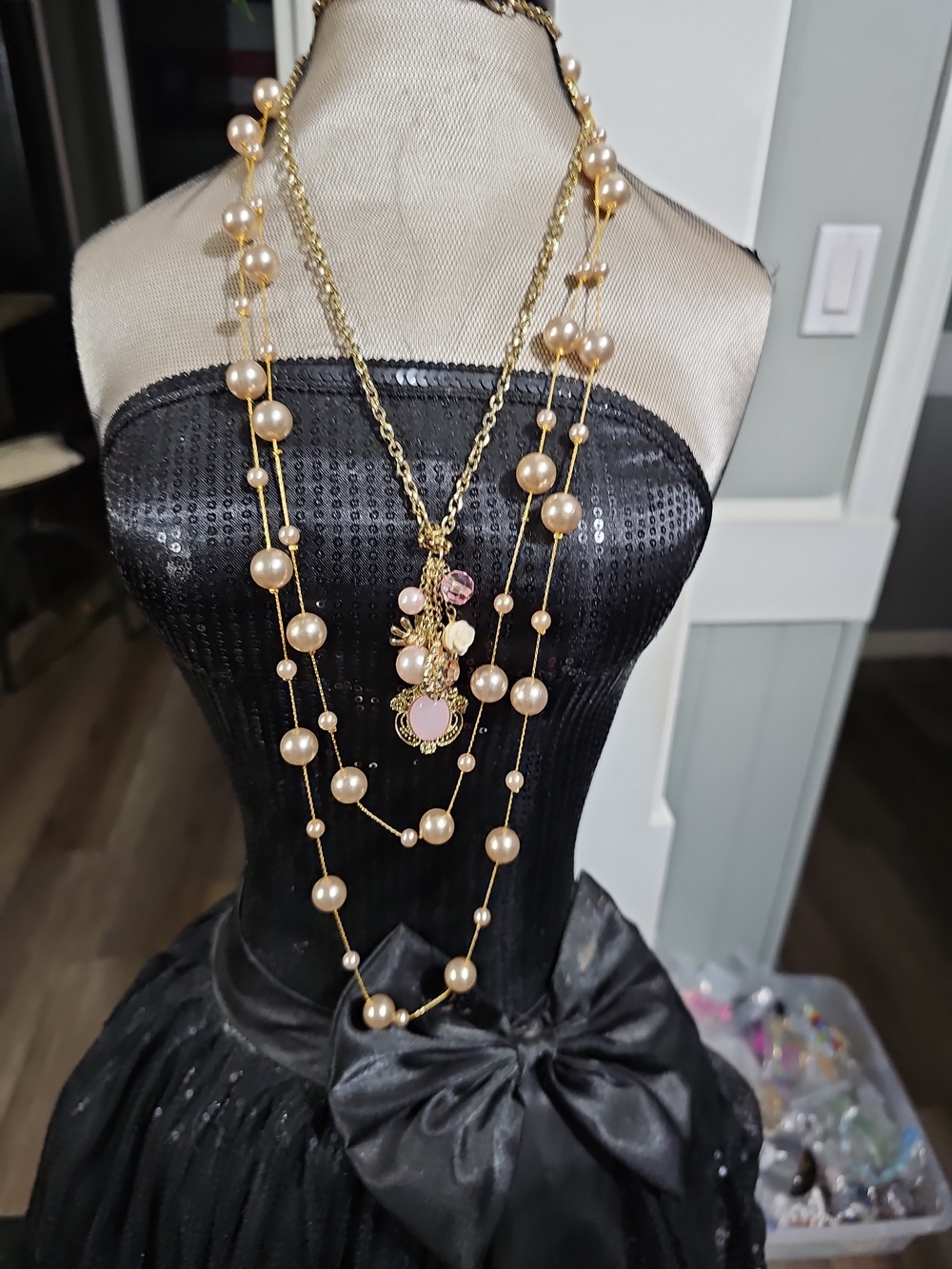 Gold Pearl Multi-Strand Pendant Necklace - Elegant Women’s Jewelry set of two